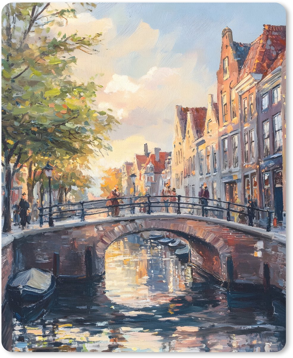 Muismat 19x23 cm - Mousepad Brug - Stad - Huizen - Boot - Muismatten