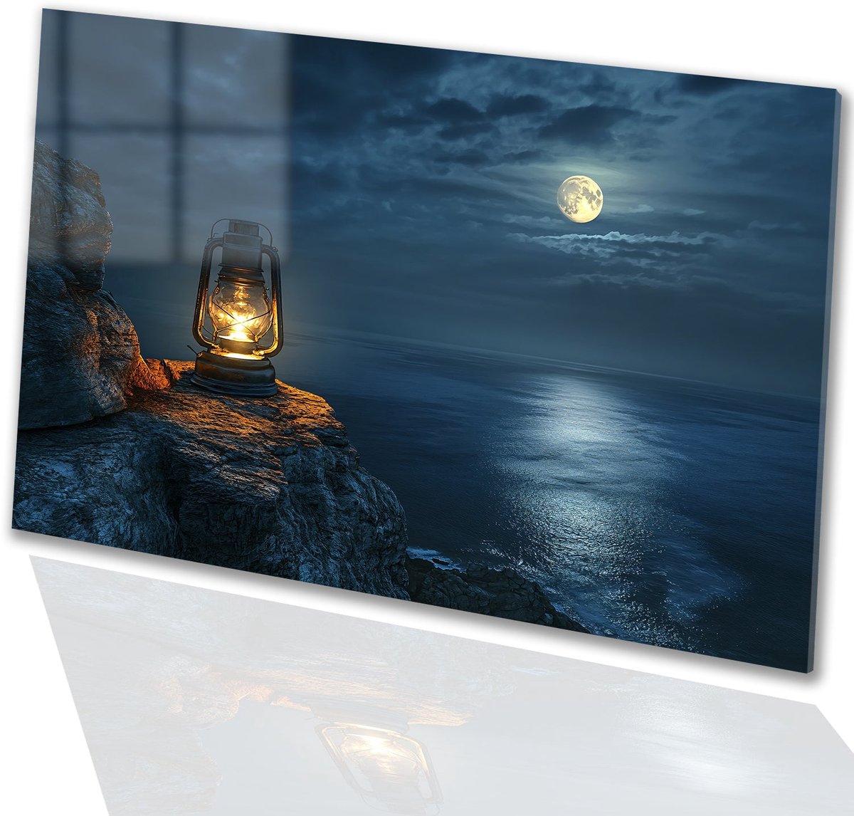 Lantaarn en maanlicht aan zee - Rust schilderijen glas - Muurdecoratie glas lantaarn - Rea