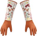 Een paar lange tuinhandschoenen met oranje leren handdelen en witte mouwen met bloemenprint.