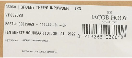 Papieren zak van Jacob Hooy, 1KG. 35050 GROENE THEE/GUNPOWDER. TEN MINSTE HOUDBAAR TOT: 30-01-2027. Ingrediënten: GROENE THEE/GUNPOWDER.