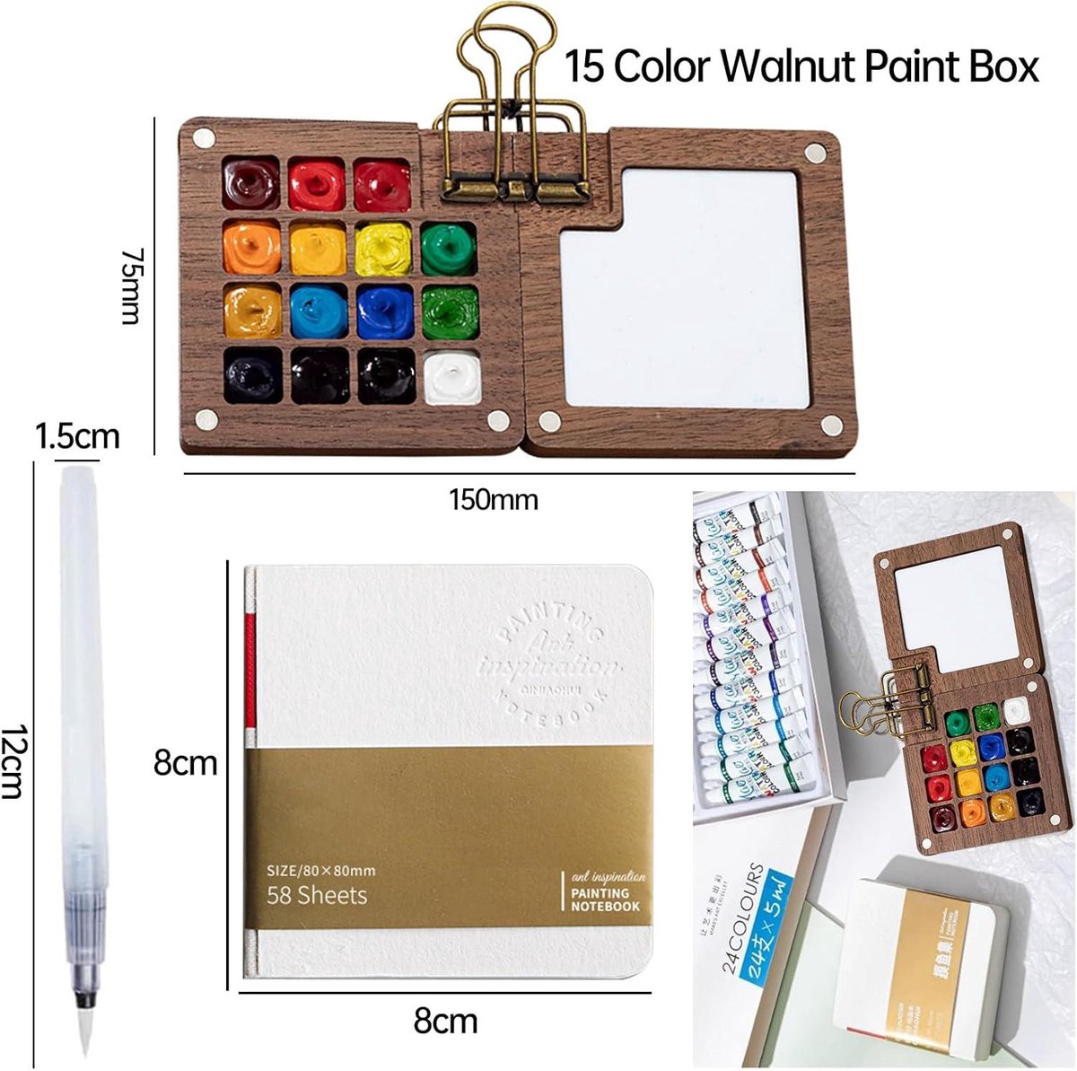 Mini Kit Aquarelle De Voyage - Palette Bois 15 Cases, 24 Couleurs, 2 Pinceaux, Carnet Et Clip Cuivre - 11