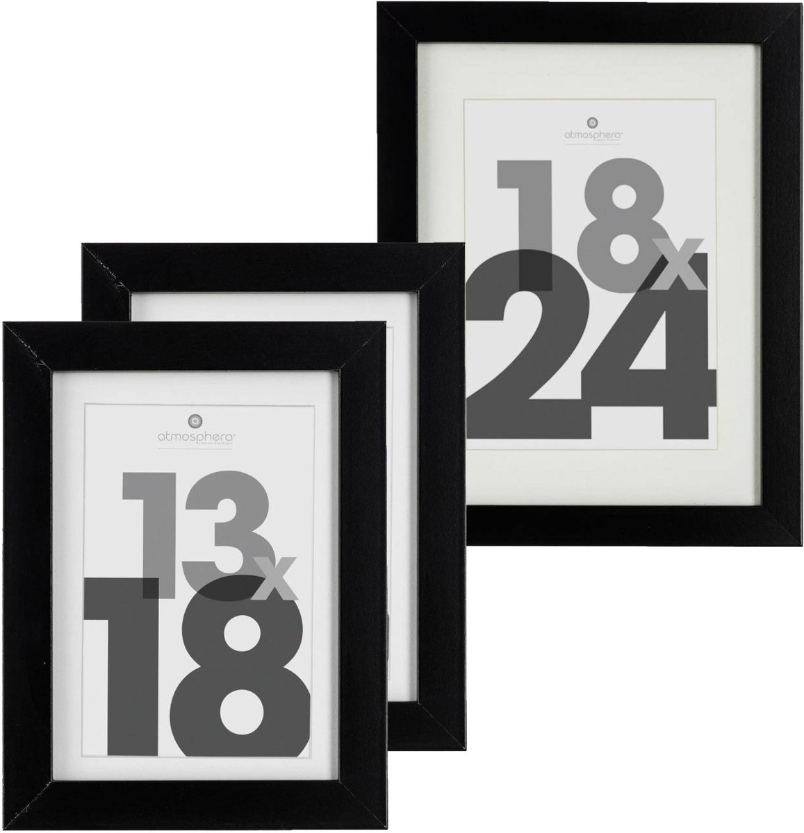 Atmosphera Fotolijstjes set van 3x stuks - 1x voor 18 x 24 cm - 2x voor 13 x 18 cm - zwart - modern/strak ontwerp