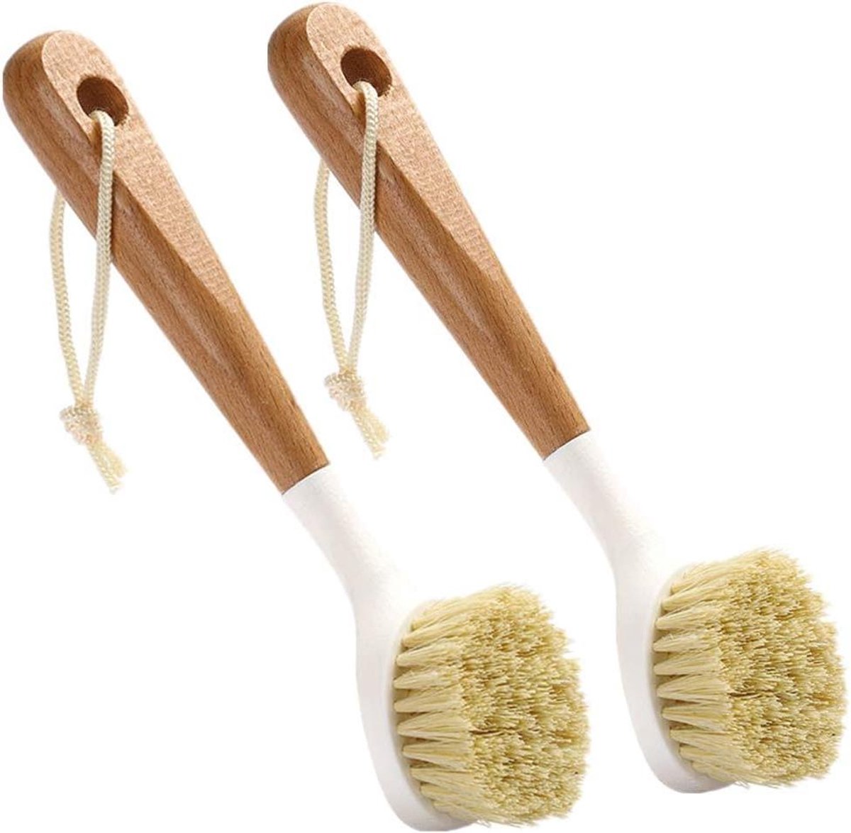 Afwasborstel set met 2 stuks borstelharen - Schotel Scrubber - Lang houten handvat - Opknoping touw - voor keuken, aanrecht, badkamer - huishoudelijke schoonmaak - vaatwasserbestendig