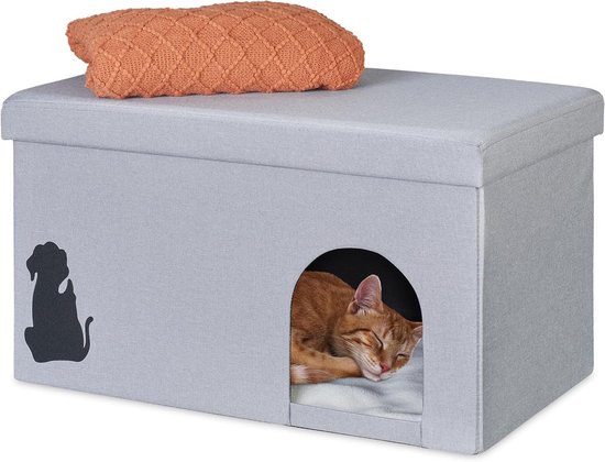 Relaxdays kattenmand poef, opvouwbaar, HxBxD 44 x 40 x 40 cm, kussen, deksel, kattenpoef, kattenhuis, donkergrijs-wit