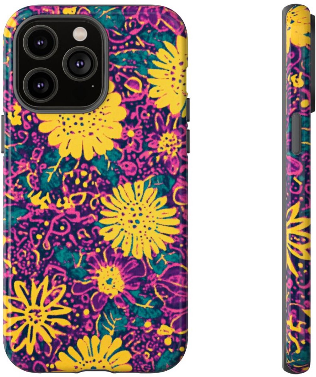 Gele en Paarse Bloemenprint – Telefoonhoesje Geschikt voor iPhone 14 Pro Max