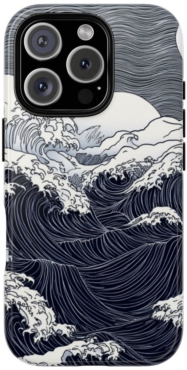 Monochrome Oceaangolven met Maan – Telefoonhoesje Geschikt voor iPhone 16 Pro