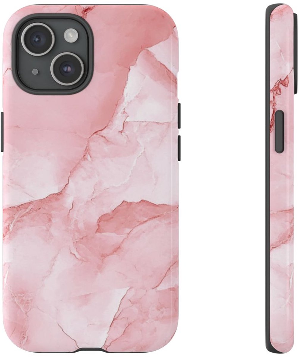 Roze Marmerstructuur met Glanzende Afwerking – Telefoonhoesje Geschikt voor iPhone 15
