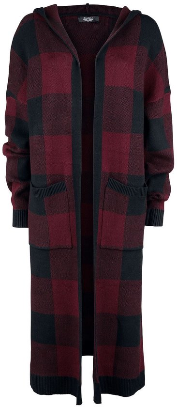 Long gilet en maille avec capuche, motif à carreaux rouge et noir, devant ouvert et deux poches latérales.