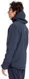 Man in marineblauwe softshell jas met capuchon.