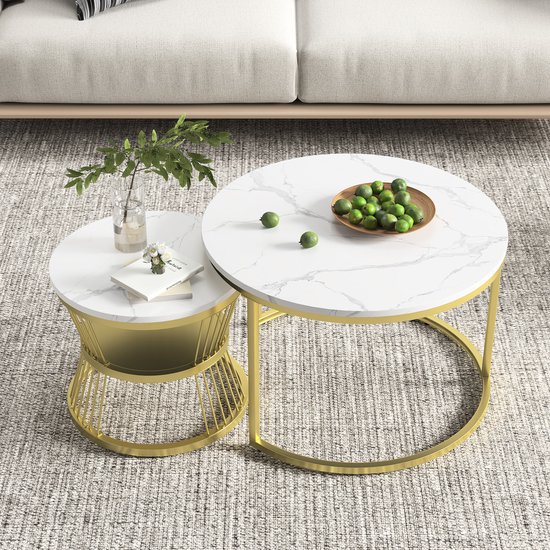 Table basse ronde (2 pièces), 70x45,5 cm, 45x40 cm, table avec plateau blanc et support de pied doré, ensemble de 2 tables basses rondes intégrées dans le côté du canapé (plateau blanc + pied doré)