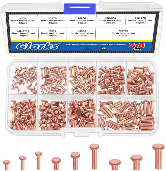 270pcs M2 M2.5 M3 Flat Head Solid Rivets - 9 Sizes Metal Copper Solid ...