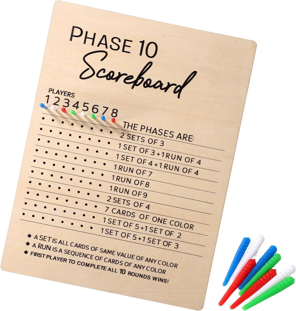 EGoods - Houten Scorebord voor Fase 10 met 8 Gekleurde Pinnen - Tafelbord voor Kaartspel - Scorebladen voor Feest Familie Volwassene Spelletjesavond