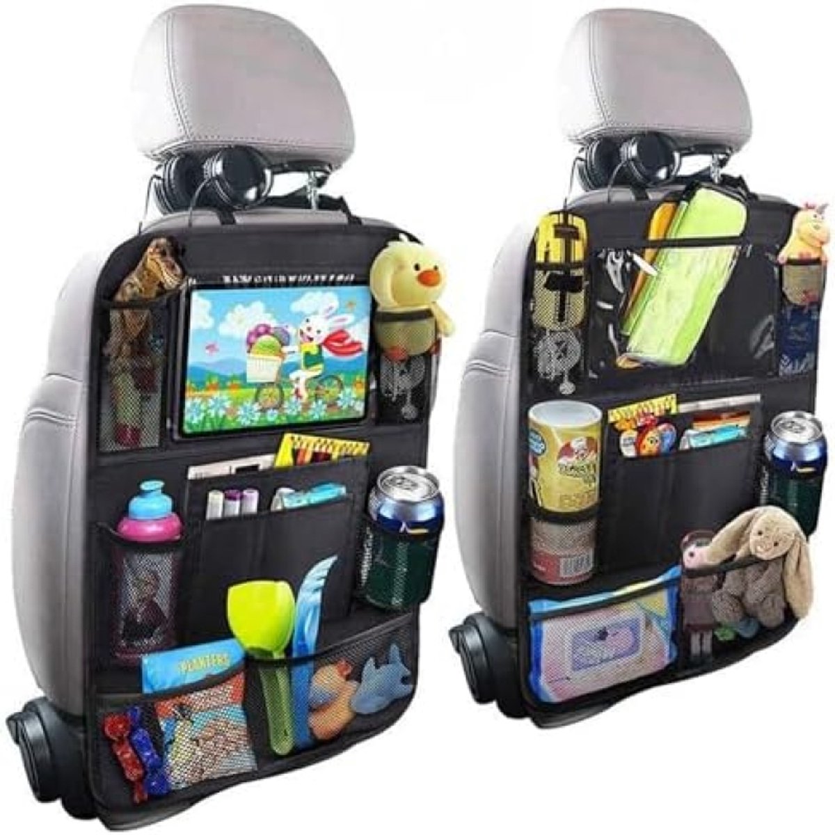 Image of 2Pack Autostoel Organizer - Kinderstoelbeschermer met 10 Vakken voor Tablet, Flessen, Boeken en Speelgoed - Waterdichte Auto Accessoire