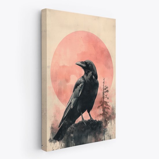 FineArtia - Corbeau mystérieux sur un rocher - Peinture sur toile - 100 x 150 cm - Décoration de salon - Blauw; Marron ; Zwart - Peinture de chambre - Décoration murale