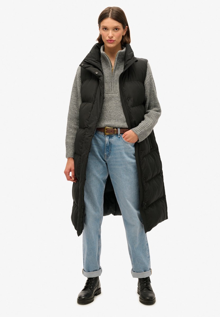 Superdry Lange pufferbodywarmer Dames Gilets Zwart