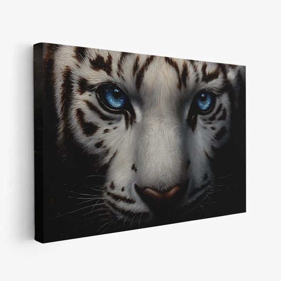 FineArtia - Portrait majestueux d'un tigre blanc - Peinture sur toile - 150 x 100 cm - Décoration de salon - Blauw; Grijs; Argent - Peinture de chambre - Décoration murale