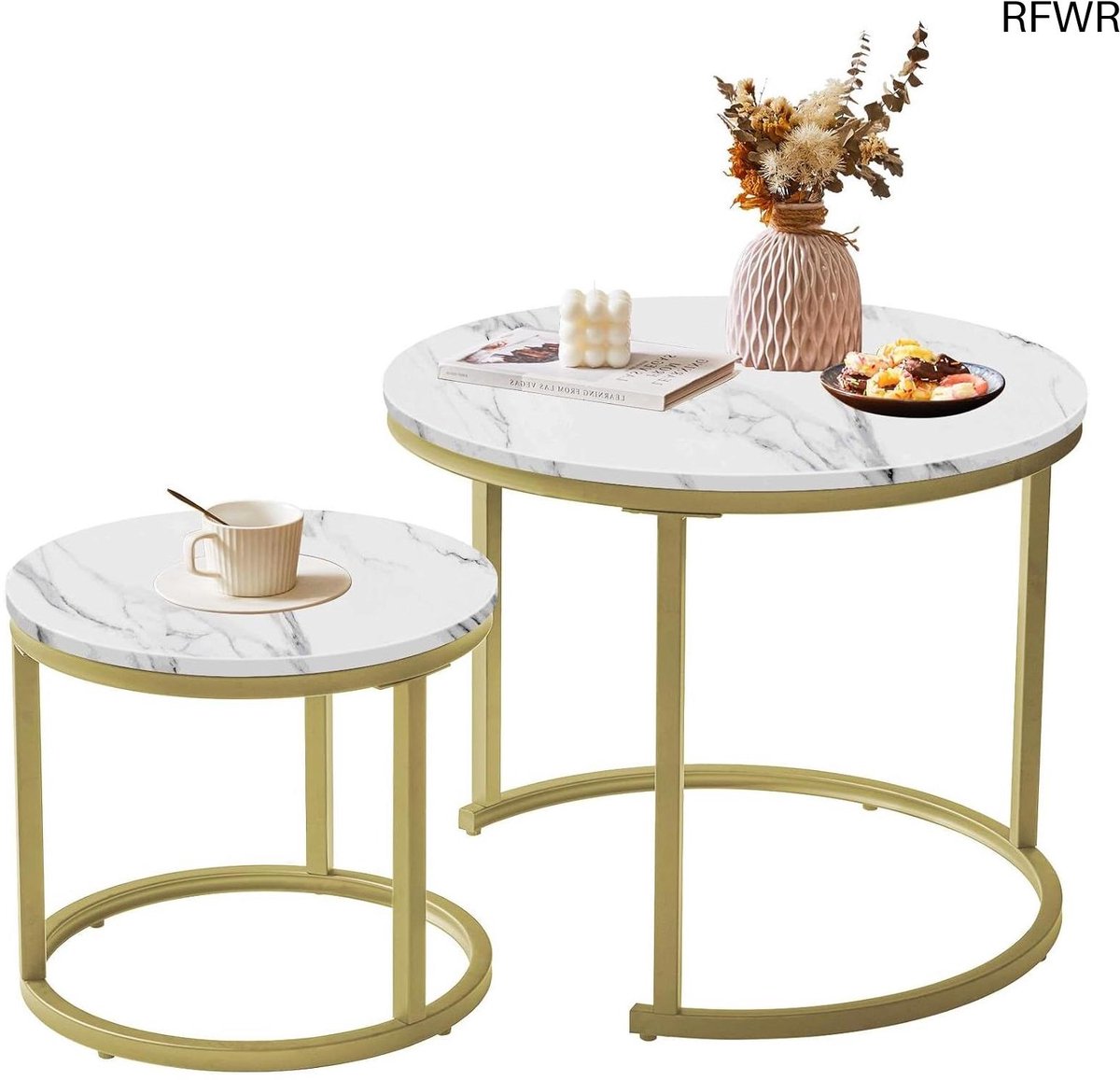 RFWR® Ronde Nesttafel Set van 2 - Afneembare Salontafels voor Woonkamer, Slaapkamer en Kantoor in Wit en Goud