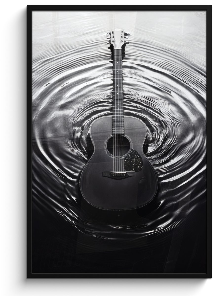 FrameYourWall Poster in lijst - Fotolijst 80x120 cm - Posters - Gitaar - Hout - Water - Posterlijst zwart - Decoratie - Wanddecoratie woonkamer - Muurdecoratie slaapkamer Gitaar - Water