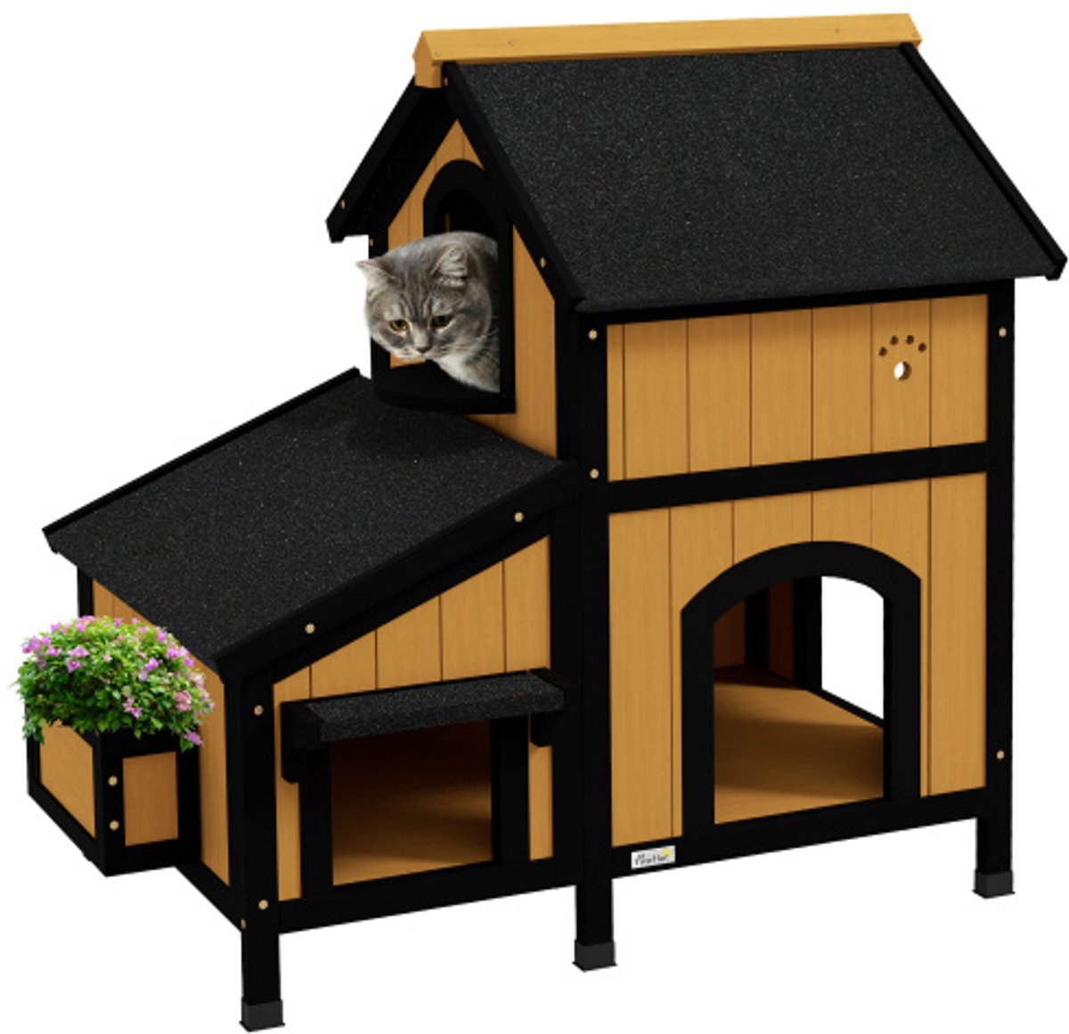 PawHut Kattenhuis, dennenhout, kattenhut met meerdere ingangen, 2 verdiepingen, buitenkattenhol, klein dierenverblijf met asfalt dak, bloembak, winterbestendig, verhoogd ontwerp, geel, 96 x 65 x 85,5 cm
