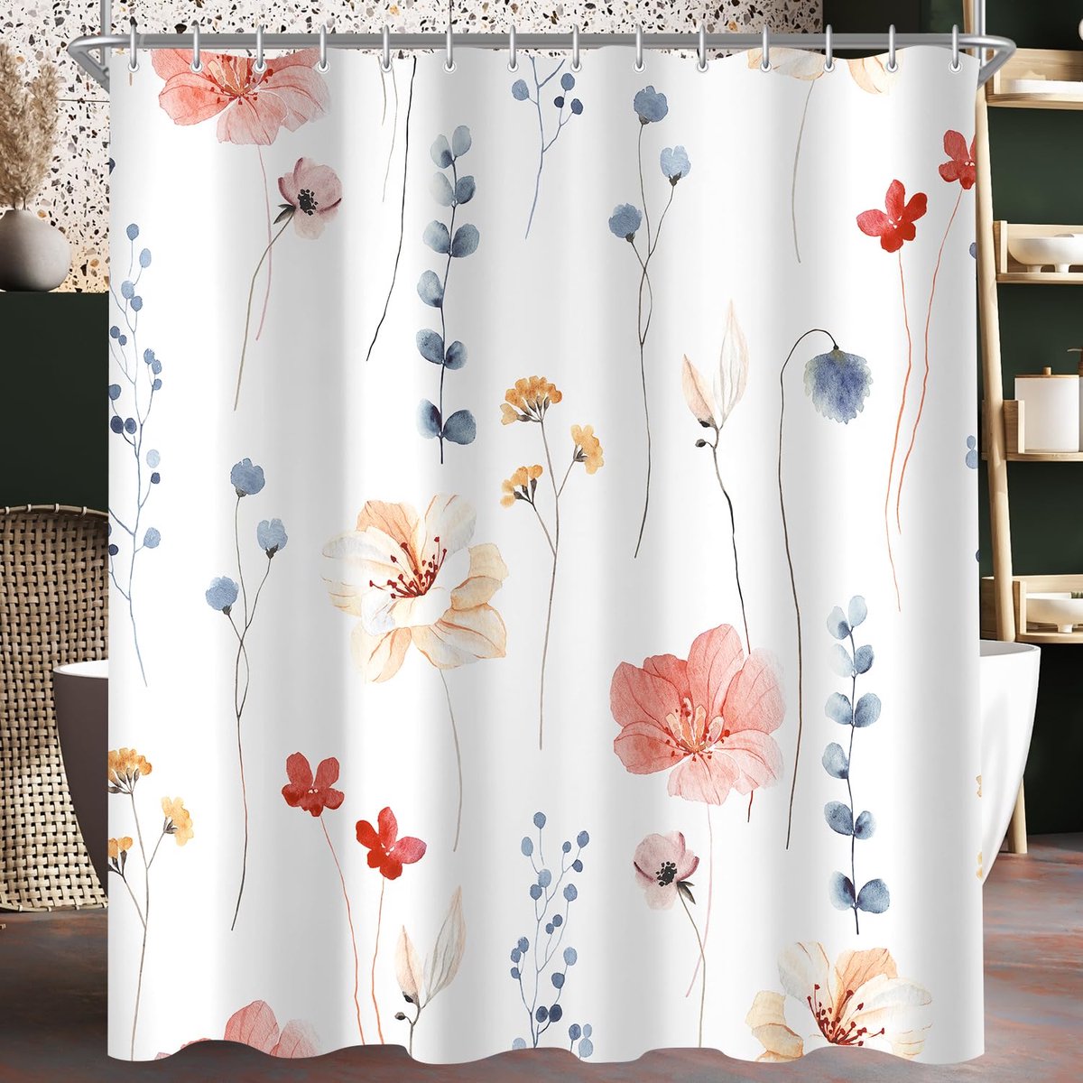Ibenzoa® Stijlvol Douchegordijn met Koraalbloemenmotief, Waterafstotend en Schimmelwerend, Inclusief Ringen, 180 x 200 cm