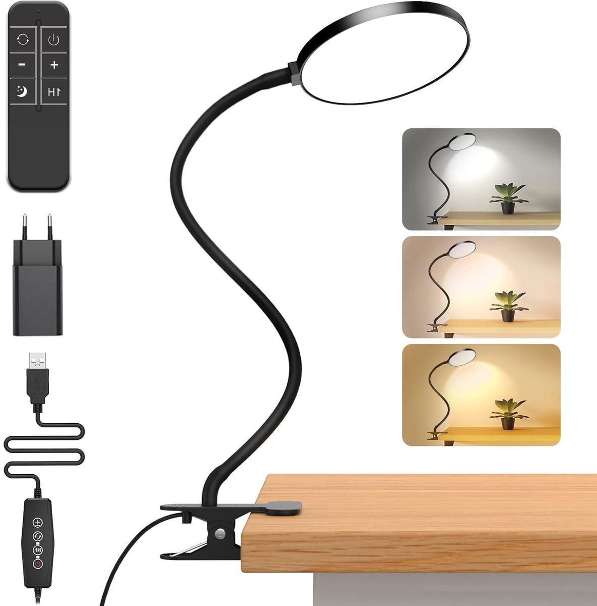 Rosnek Bureaulamp - 5W Leeslamp met Afstandsbediening Timing - 5 Dimniveaus & 3 Kleurtemperaturen Bureaulamp (3000-6000K) - Flexibele zwanenhalslamp Bureaulamp LED Dimbaar - Lampkop Diameter 12 cm Tafel, Bureau en Nachtkastje (Met Adapter)