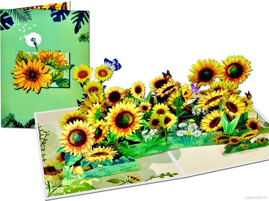 Popcards pop-up kaarten - Een Veld vol met Zonnebloemen en Vlinders Bloemen Bloemenveld pop-up wenskaart 3D kaart