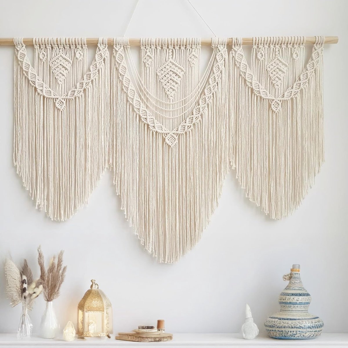Ibenzoa Handgeknoopt Boho Wandtapijt van Katoen voor Slaapkamer en Balkon Decoratie beige