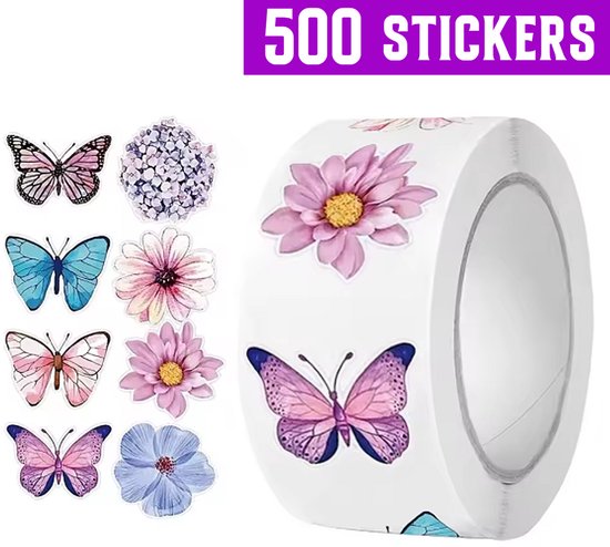 500 Autocollants papillons et Fleurs – Rouleau Autocollants décoratifs colorés – Scrapbooking
