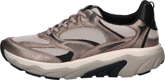 Zijprofiel van de grijze Gabor Rollingsoft sneaker. Metallic brons met zwart en beige accenten, mesh panelen en dikke zool.