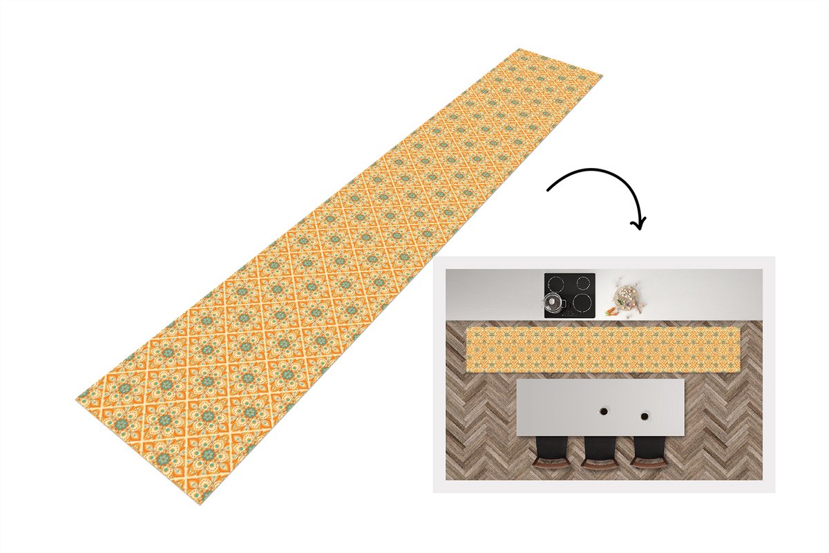 KitchenYeah Keukenloper 360x60 cm - Keukenmat vinyl Mandala - Boho - Bloemen - Oranje - Patroon - Keukenmatten loper - Keuken vloerkleed tapijt