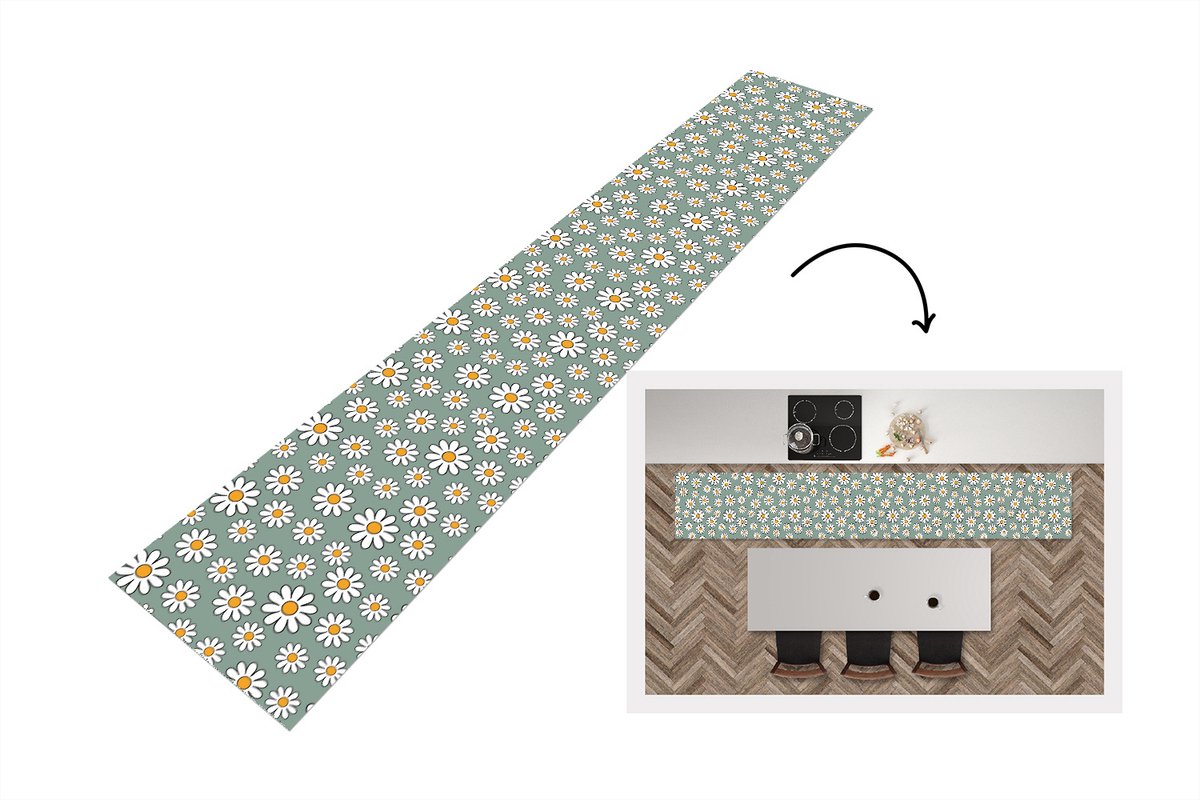 KitchenYeah Keukenloper 300x50 cm - Keukenmat vinyl Patronen - Vintage - Bloemen - Madelief - Keukenmatten loper - Keuken vloerkleed tapijt