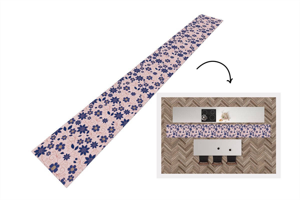 KitchenYeah Keukenloper 480x60 cm - Keukenmat vinyl Bloemen - Blauw - Japan - Patronen - Keukenmatten loper - Keuken vloerkleed tapijt