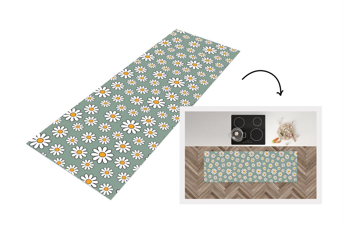 Keukenloper 180x60 cm - Keukenmat vinyl Patronen - Vintage - Bloemen - Madelief - Keukenmatten loper - Keuken vloerkleed tapijt