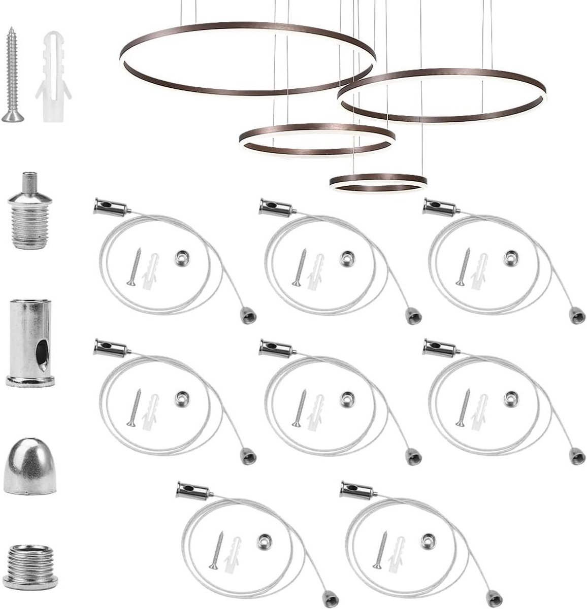 Allecto Plus - 8 stuks verstelbare kabelophanging met stalen touw - Draadkabel ophangset voor LED-paneel-plafondlamp - 1 meter - Slijtvast