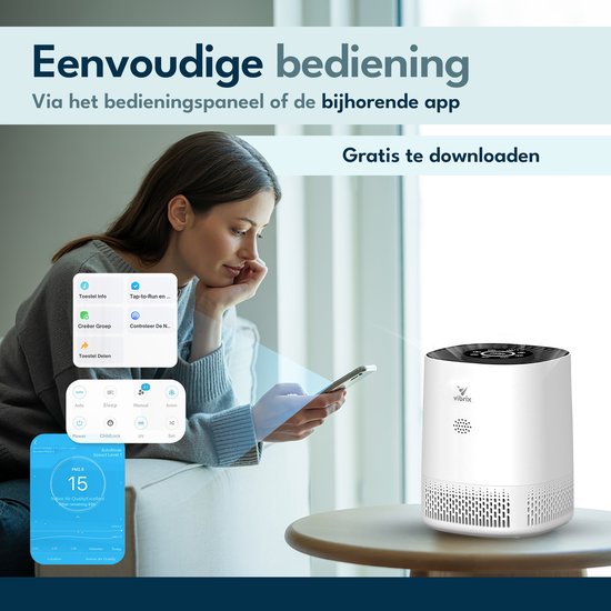 Vibrix PureFlow15 Luchtreiniger / Air Purifier – HEPA H13 + koolstoffilter – 100 m³/u – Voor kamers tot 15 m² – Ionisator – App-bediening – Zeer stil met slaapstand – Luchtkwaliteitindicator