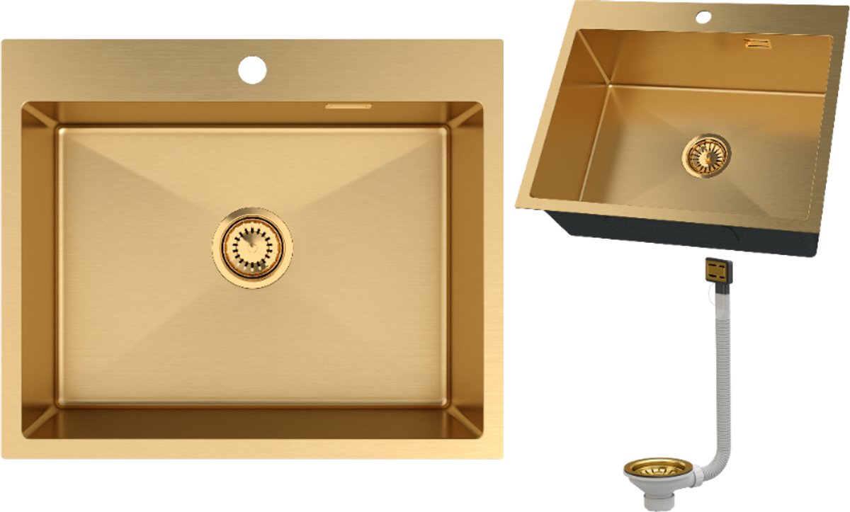 Granitan Spoelbak Keuken RVS Silvo60 - Spoelbakken Keuken Goud met Sifon - Wasbak Keuken - 60x50cm