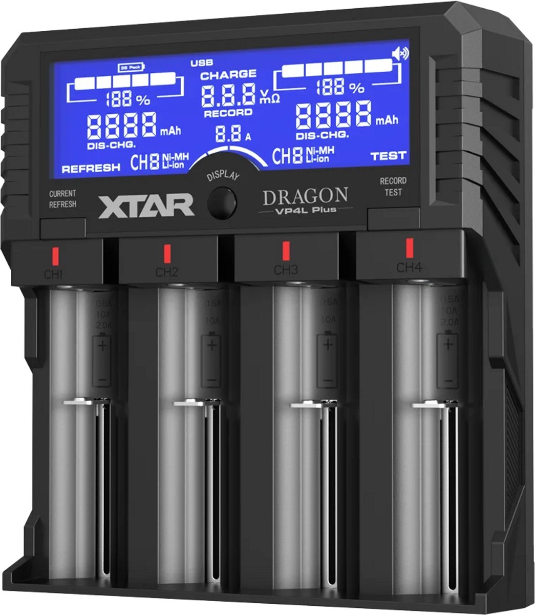 VP4L Plus Dragon slimme 4‑kanaals li-ion/Ni‑MH batterijlader met display