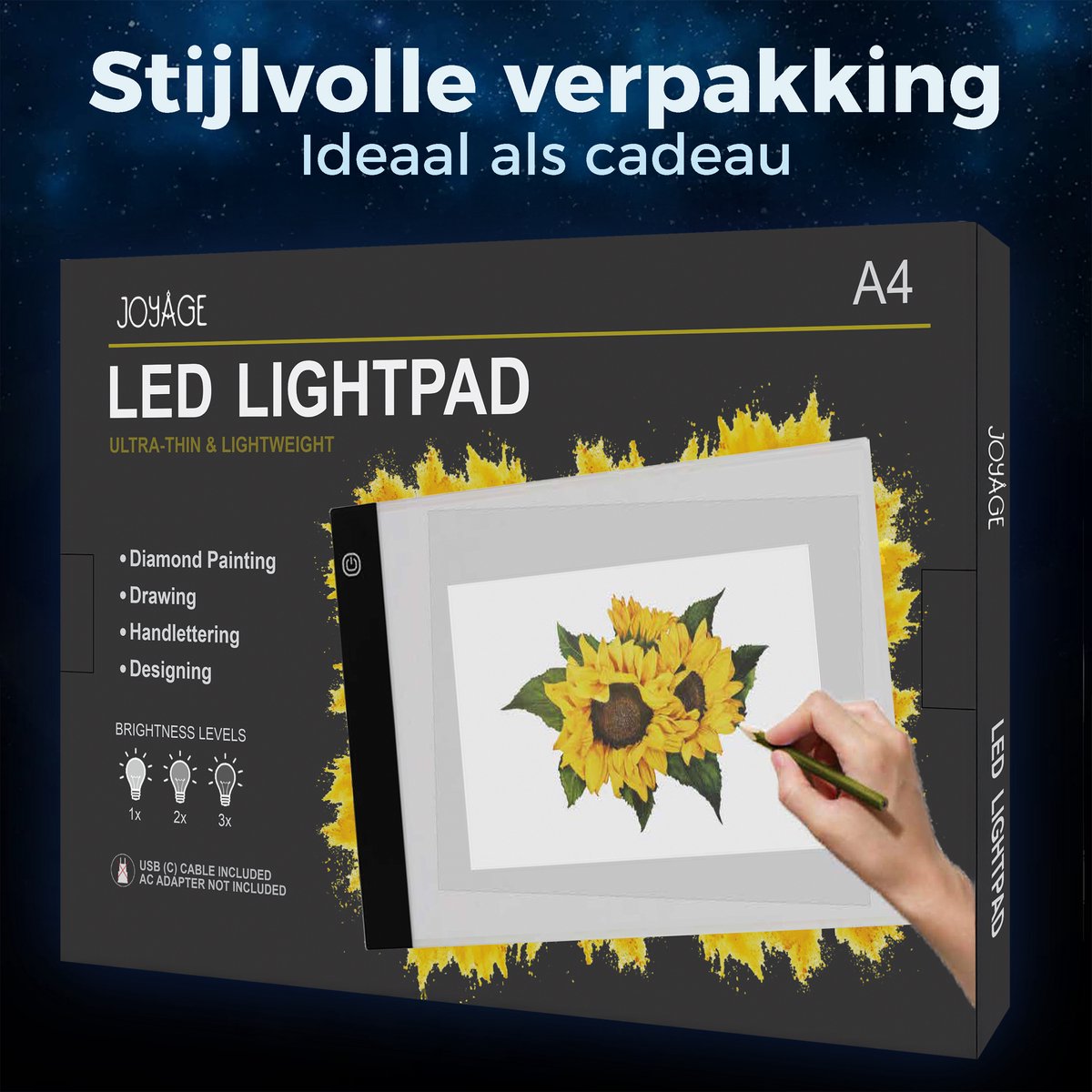 Joyage A4 Led Lichtbak voor Tekenen - 3 lichtsterktes - Lightpad A4 diamond painting volwassenen dimbaar - Tekentafel Lichtbak voor tekenen lichtplaat – speelgoed Led tekenbord kinderen - Meisjes speelgoed meisjes Lichttafel lichtbord cadeau — afbeelding 6