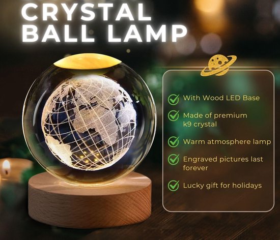 3D Kristallen Bal Universe - Nachtlampje - LED Glas Licht Hologram lamp met Massief Houten Basis - Nachtlamp - Cadeau idee - Verlichting - USB aansluiting - Woondecoratie van Merkloos — afbeelding 3