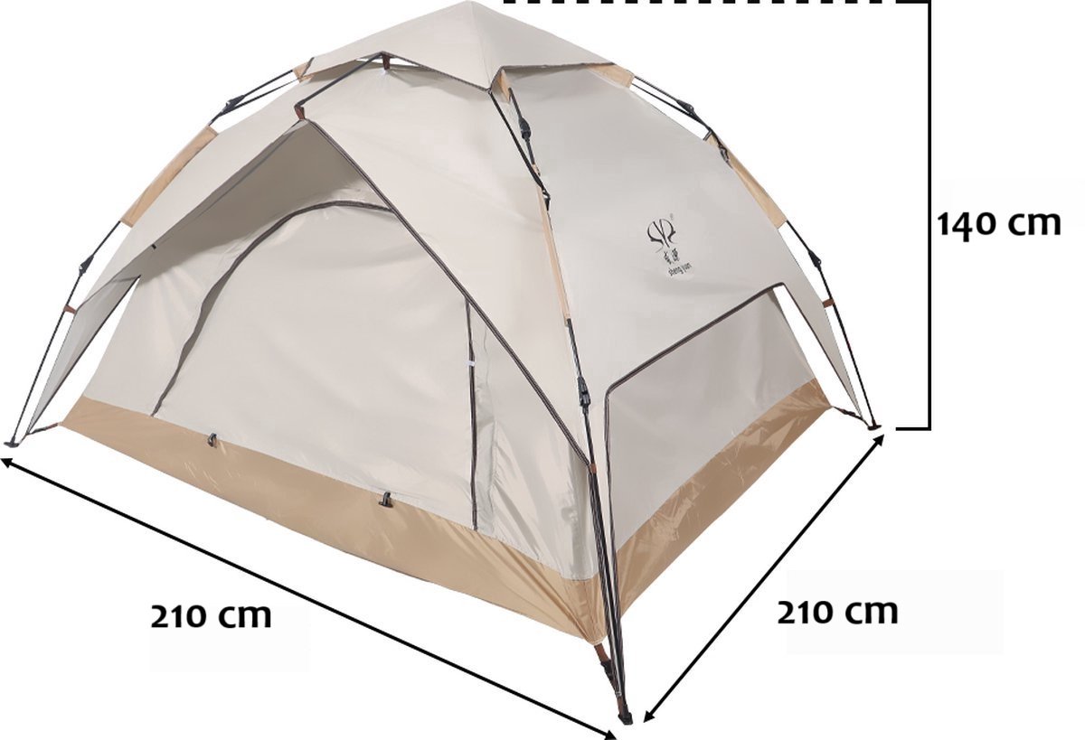 Automatische Pop-up Tent - Waterdicht Kampeertent voor 2-3 Personen –Camping Tent - 210x210x140cm - Outdoor Kampeer & Festival Tent–Ideaal voor Gezinscamping en Buitenactiviteiten-Snel Opzetbaar– Met Luifel & Draagtas – Sand – Lexorion – foto 2
