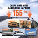 Images montrant la capacité de charge des barres de toit avec équipement de camping, vélos, panier et surf.