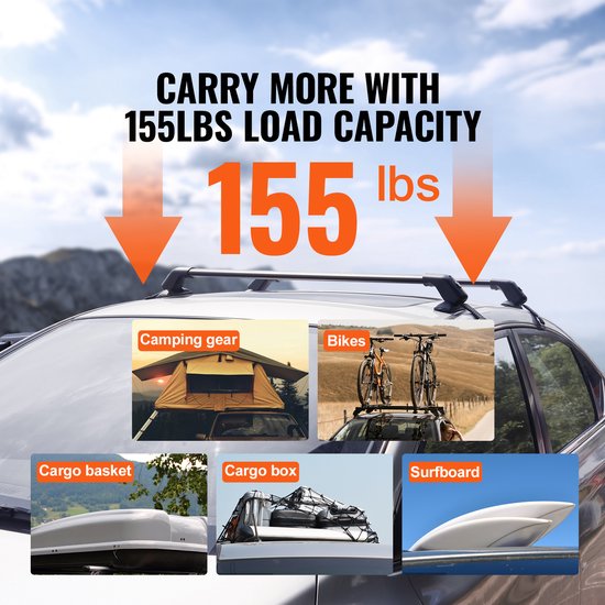 Images montrant la capacité de charge des barres de toit avec équipement de camping, vélos, panier et surf.
