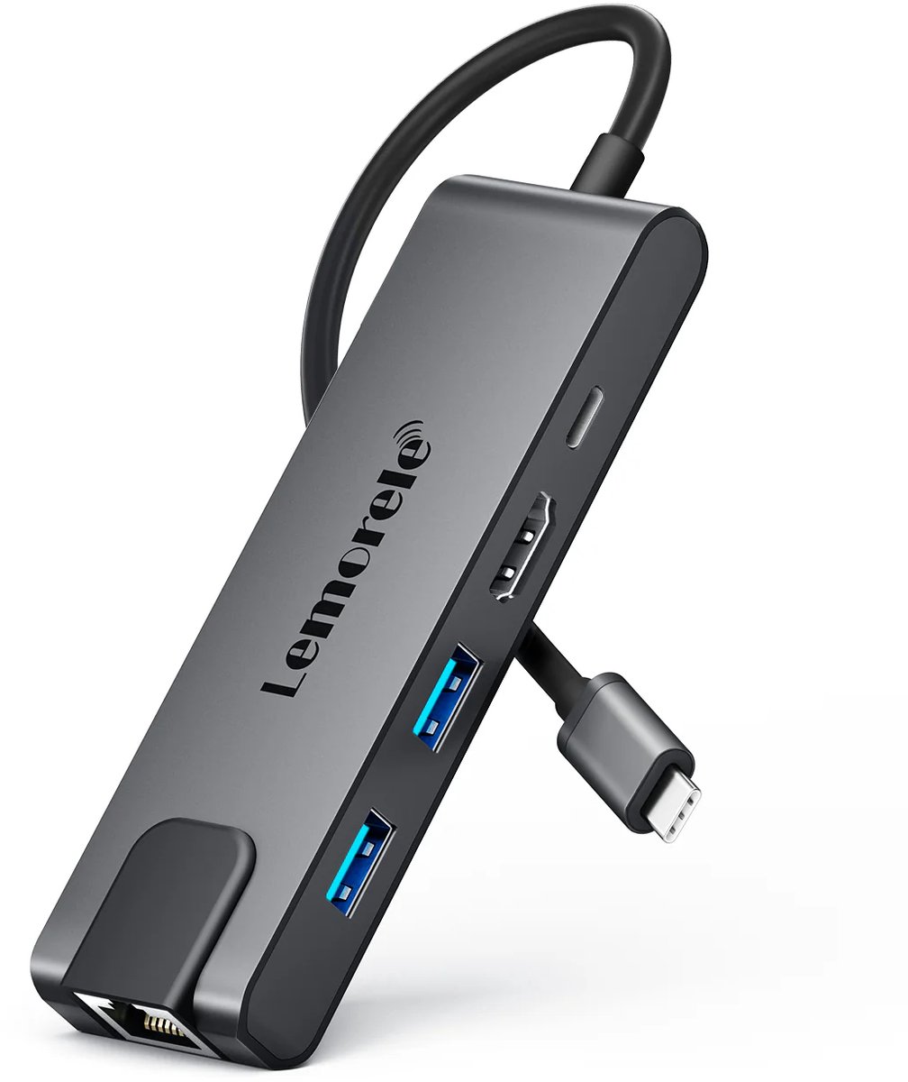 Lemorele TC24 – 5-in-1 USB-C Hub – 4K HDMI – Gigabit Ethernet – 100W PD – Multiport Adapter Geschikt voor MacBook, Windows, Android, Switch