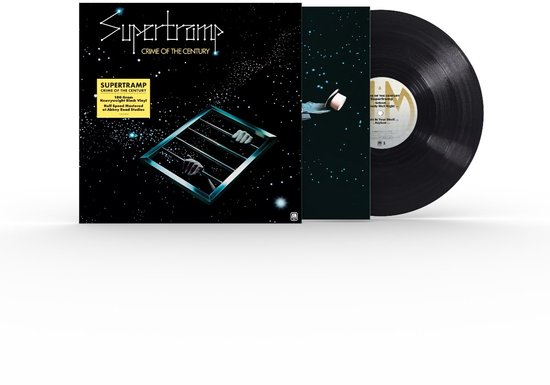Albumhoes en vinyl: 'Supertramp Crime Of The Century' met sterrenhemel, handen achter tralies en vinyl.