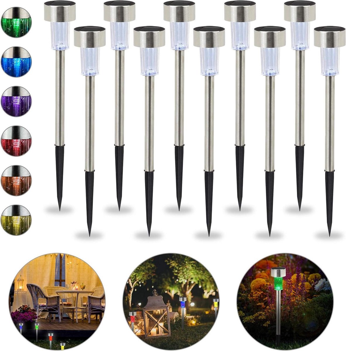 Solarlampen set van 10 - Kleurverandering - Waterdicht voor tuin, terras & balkon - RVS zilver
