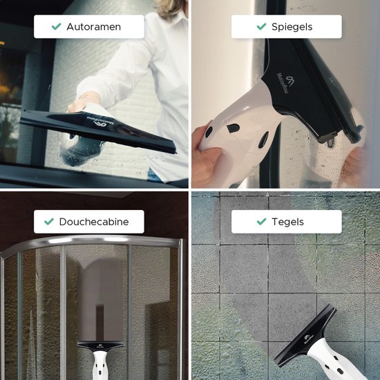 Collage van de Motionflow raamreiniger in gebruik op autoramen, spiegels, douchecabines en tegels.
