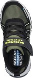 Zwarte Skechers outdoorschoen met groene mesh en gele accenten. "WATERPROOF" opdruk.