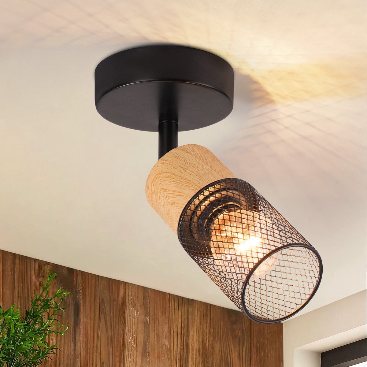 NETTLIFE Opbouwspot E14 - Hout - L 9cm - rond - 1-Lichts - Vintage Plafondlamp - 350° draaibaar Plafondspot - voor Slaafkamer | Kantoor | Woonkamer - Zonder Lichtborn