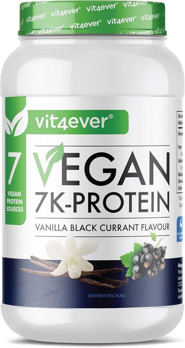 Vit4ever - Vegan 7K Protein - 1kg - Vanilla & Zwartebes smaak - Zuiver plantaardig proteïnepoeder met rijst- amandel- soja- erwten- hennep- cranberry- en zonnebloemproteïnen