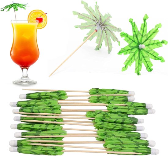 50 stuks - Hawaiiaanse cocktail paraplu’s van 10 cm - Tropische decoratieve prikkers met kokosboom- Feestelijke papieren parasolprikkers voor drankjes, cupcakes, fruit en zomerse feestdecoratie